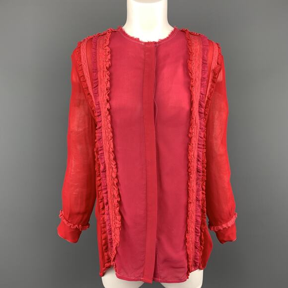 PREEN LINE Size S Red & Fuchsia Silk / Viscose Blend Ruffle Blouse - Picture 1 of 6